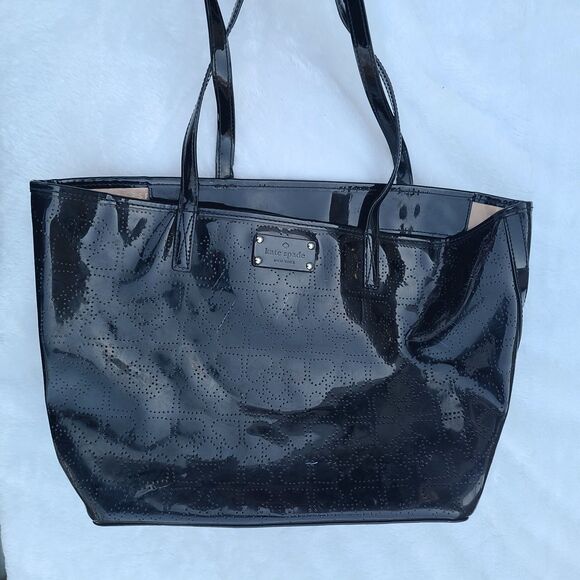 Kate Spade - Black Harmony Glossy Patent Perforated Hearts Large Tote Bag, GUC - Picture 2 of 12